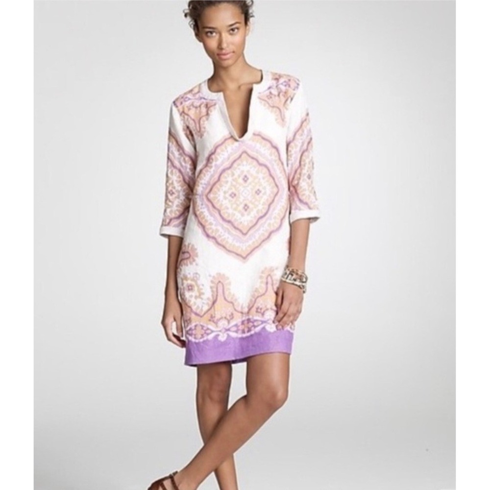 J.Crew Womens Linen Cotton Medallion Paisley Tunic Dress Pink Orange Purple Sz 4